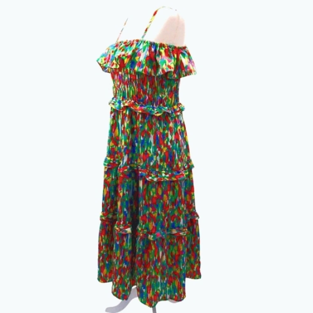 Entro Ruffle Tier Midi Dress Size L Multicolor Swatch Print Spagetti Strap Boho